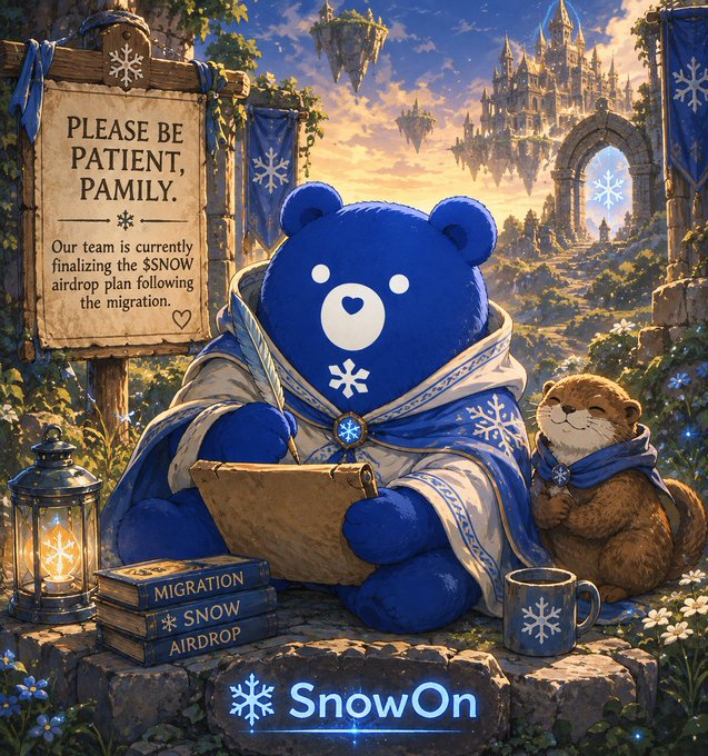 A blue bear mascot named "SnowOn" wearing a snowflake-embroidered cloak writes on parchment beside a friendly otter, with a sign reading "PLEASE BE PATIENT, PAMILY" announcing that the team is finalizing the $SNOW airdrop plan post-migration, accompanied by a lantern, books labeled "MIGRATION," "SNOW," and "AIRDROP," and a mug in a whimsical fantasy landscape.