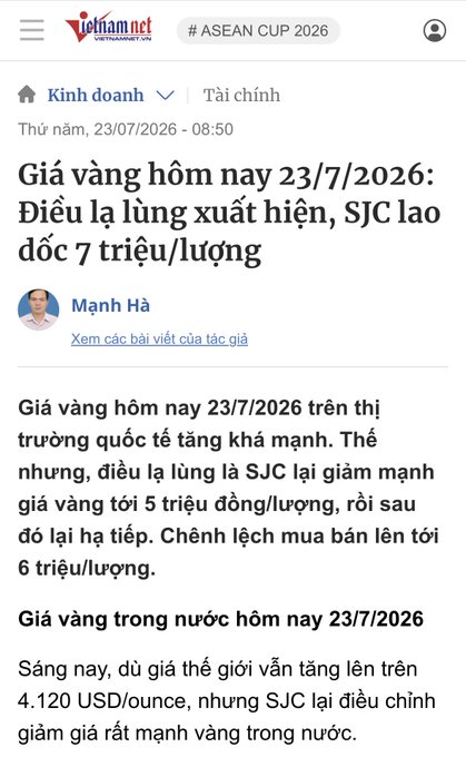 A vietnamnet.vn article titled 'Giá vàng hôm nay 23/7/2026: Điều lạ lùng xuất hiện, SJC lao dốc 7 triệu/lượng' by Mạnh Hà discussing gold prices.