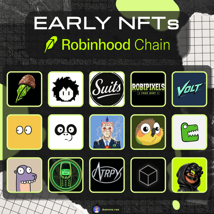 Promotional graphic showcasing "EARLY NFTs on Robinhood Chain," featuring a grid of 15 NFT project logos including RobinWifHat, Blnk INC, Suits, Robipixels, and Volt, corresponding to the listed early NFT drops with varying supplies and pricing tiers.