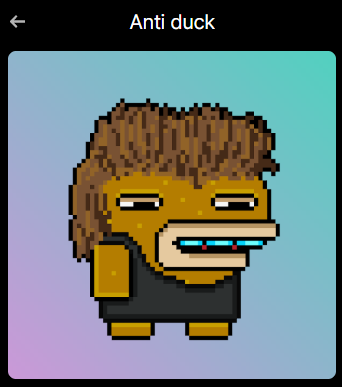 A pixel art character titled 'Anti duck' showing a brown-haired figure with an exaggerated wide duck-bill mouth on a gradient background.