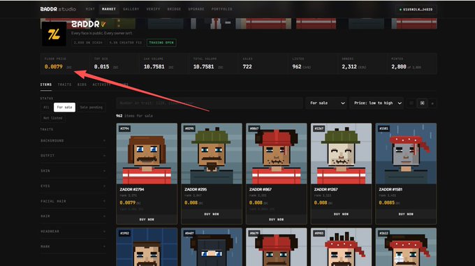 A screenshot of the BADR Studio NFT marketplace on Ethereum, showing pixel-art character avatars like 'ZACKR #2794' with a red arrow pointing to a floor price of '0.0079 ETH'.