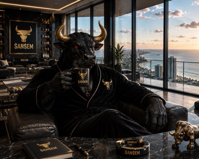 A powerful black bull in a luxury robe sits in a high-rise penthouse overlooking the ocean at sunset, sipping from a "SANSEM" branded mug, with "SANSEM" logos and bull imagery throughout the room — embodying the bullish crypto spirit of the $ANSEM token announcement from BullpenFi.