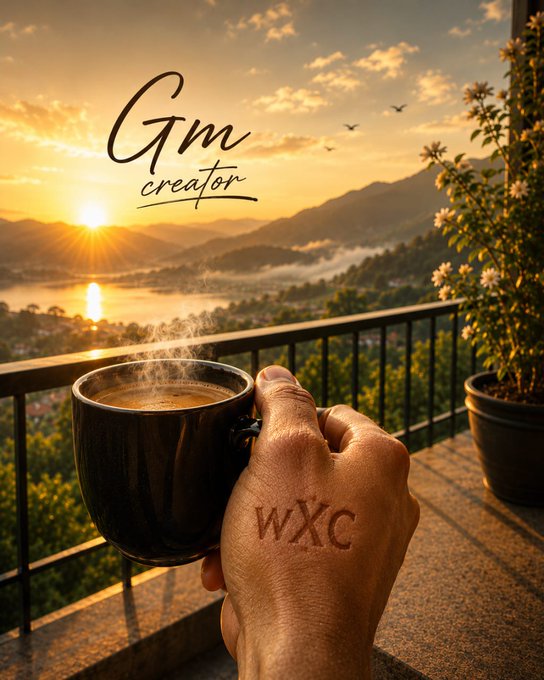 A hand with 'WXC' written on the knuckles holds a steaming dark mug of coffee against a stunning golden sunrise over a misty lake and mountain landscape, labeled 'Gm creator'.