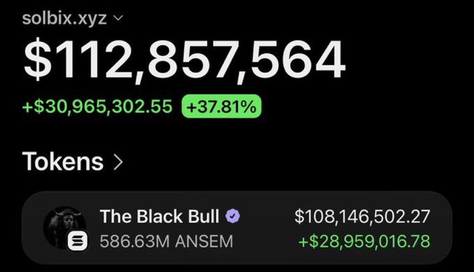 A digital dashboard screenshot showing solbix.xyz with a value of $112,857,564, up +$30,965,302.55 (+37.81%), featuring 'The Black Bull' token at $108,146,502.27 with 586.63M ANSEM.