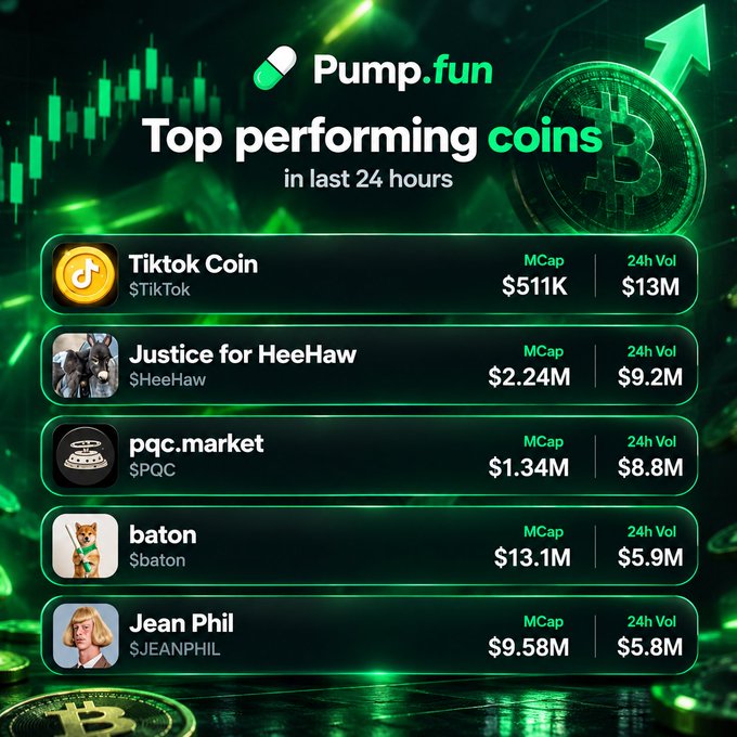 The image displays a Pump.fun leaderboard highlighting the top 5 performing coins in the last 24 hours, led by Tiktok Coin ($Tiktok) at $511K market cap and $13M 24h volume, followed by Justice for HeeHaw, pqc.market, baton, and Jean Phil with 24h volumes ranging from $9.2M down to $5.8M, directly visualizing the accompanying post's breakdown of the most traded Pump.fun coins by volume.