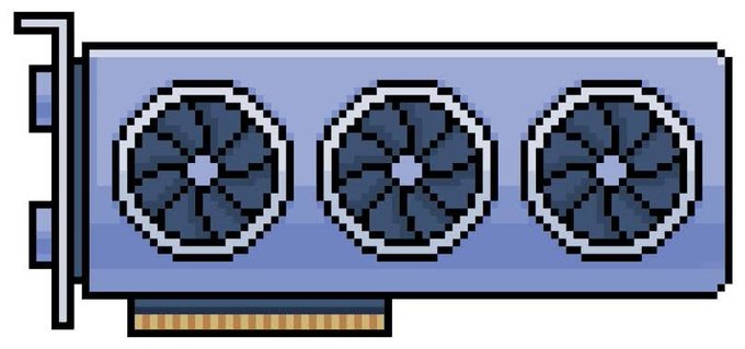 A pixel art graphic card with three cooling fans sits as the visual centerpiece for a cryptocurrency/GPU NFT drop announcement, where "GTD" spots are free, "FCFS" is $1, and "PUBLIC" sales are $1.39, with a total supply of 3,333 GPU NFTs tied to the EVM blockchain.