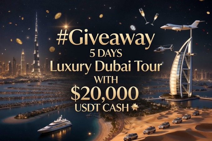 A glittering nighttime image of Dubai's skyline featuring the Burj Khalifa, Burj Al Arab, a yacht, private jet, and helicopters serves as the backdrop for a #Giveaway promotion offering a "5 Days Luxury Dubai Tour WITH $20,000 USDT CASH," tied to an X post by @0xDekadente that asks users to follow, like, retweet, and leave their #SOLANA address with #SMOLEDEV for a chance to win.