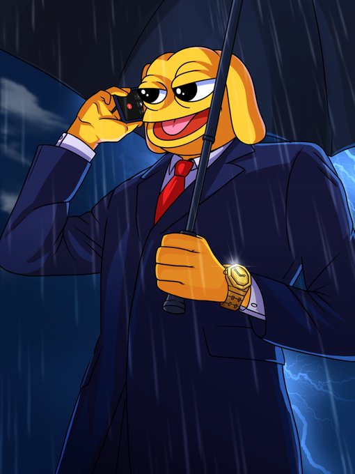A cartoon illustration of a yellow dog character in a business suit, red tie, and gold watch holding an umbrella while talking on a phone in a stormy setting.