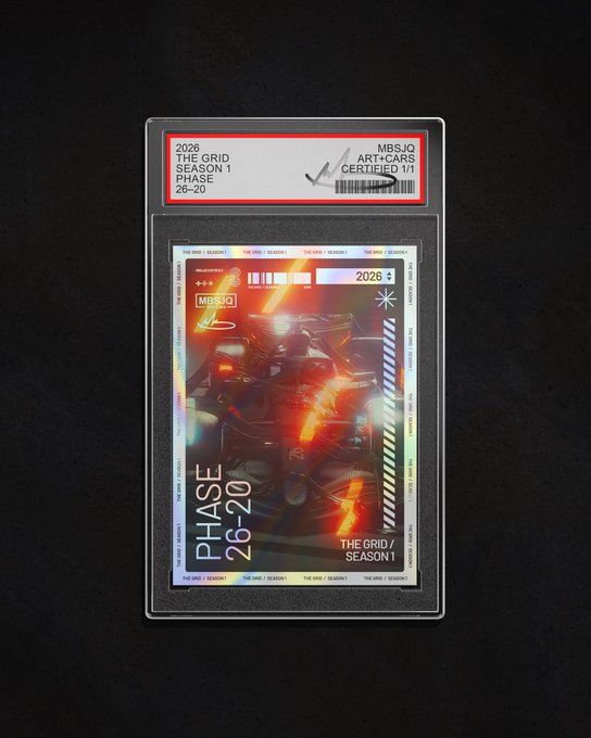 The image shows a small, shiny, black framed poster with a picture of a car on it. The poster has a red border around the edges and is placed against a black background. The text "PHASE 26-20" is written at the top of the poster in white letters. Below this, there are two lines of text that read "From The Grid Collection S1". The phrase "The HARD Season 1" is also present on the poster.