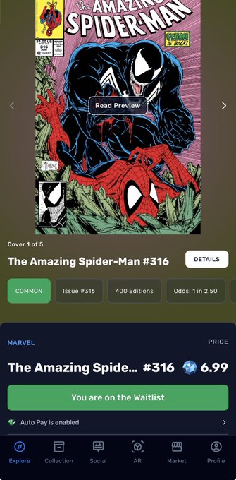 A mobile app screen displays a Marvel collectible comic book 'The Amazing Spider-Man #316' for $6.99, showing the user is on the waitlist with a 'Cover 1 of 5' and '400 Editions' available.