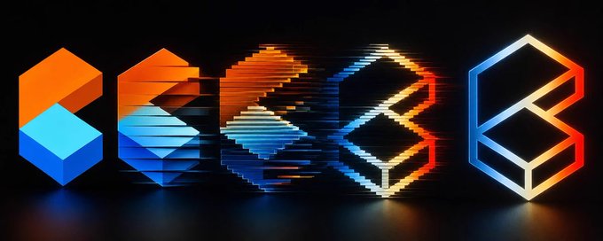 A vibrant digital artwork displays a sequence of four hexagonal/geometric logos with a glitch effect, transitioning from solid orange and blue on the left to fragmented, pixelated forms in the center, and finally to a white-outlined hexagonal design on the right against a black background.