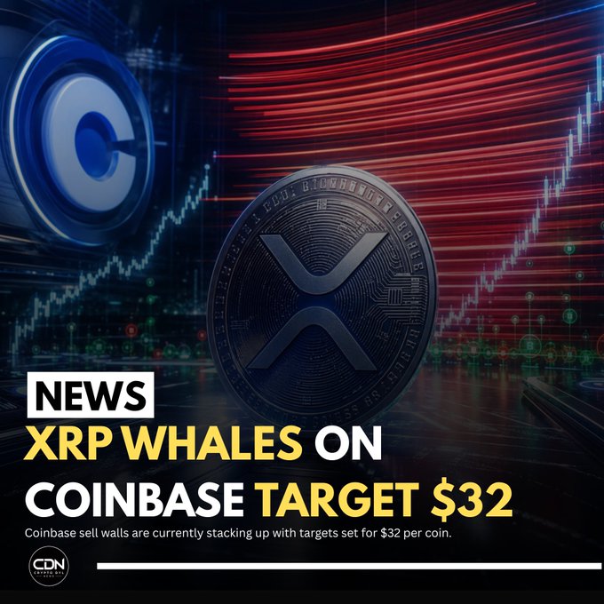 A promotional graphic featuring a large XRP coin against a backdrop of red and blue digital market charts, with text reading "NEWS: XRP WHALES ON COINBASE TARGET $32" and a subtitle stating "Coinbase sell walls are currently stacking up with targets set for $32 per coin." The CDNews logo appears in the bottom left corner.