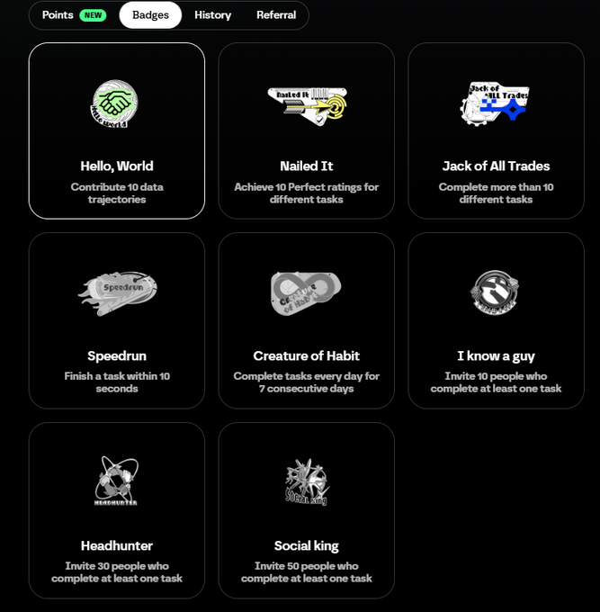 A dark-themed app interface displays a grid of achievement badges with titles like 'Hello, World', 'Nailed It', 'Jack of All Trades', 'Speedrun', 'Creature of Habit', 'I know a guy', 'Headhunter', and 'Social king', along with their descriptions.