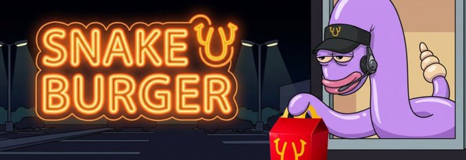 A neon sign reading 'SNAKE BURGER' in orange glows at night, while a purple cartoon snake wearing a headset and visor hands out a red fast-food bag from a window.