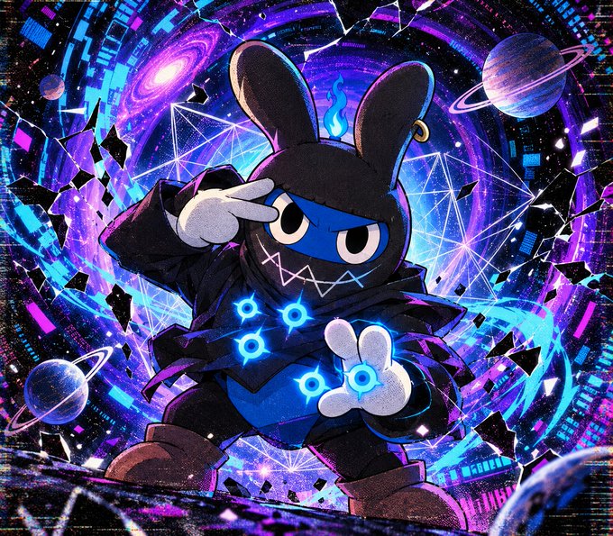 A blue ninja rabbit character wearing a dark hooded cloak strikes a pose against a vibrant cosmic backdrop filled with planets, galaxies, and glowing geometric shapes, while holding up a hand displaying glowing blue symbols. The repeating "$XIII" text (representing the Roman numeral 13) in the post suggests this mystical, thirteenth-themed illustration complements the cryptic social media post.