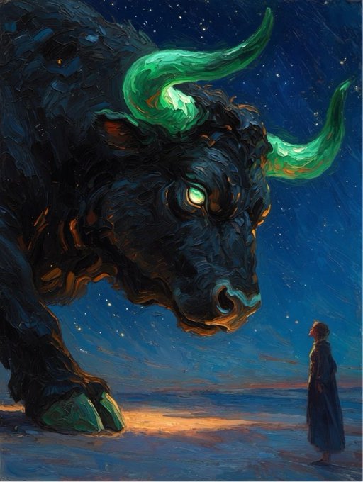 A massive black bull with glowing green horns and an illuminated green eye towers over a small robed figure on a sandy shore beneath a starry twilight sky, symbolizing overwhelming power and conviction.

The image visually echoes the post's theme of $ANSEM reigniting unstoppable "bull" energy—portraying the memecoin as a colossal, mythical force standing before a lone believer, reinforcing the narrative of pure conviction and community resilience driving the market.