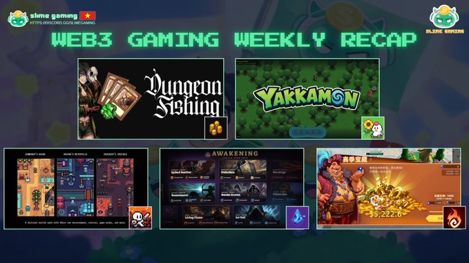 A 'WEB3 GAMING WEEKLY RECAP' banner featuring thumbnails for games including 'Dungeon Sibling', 'Yakkamon', 'Awakening', and 'CrateMiner' along with a SKIMS GAMING logo.