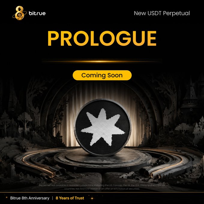 The image is a Bitrue promotional banner announcing the upcoming "PROLOGUE" USDT Perpetual contract, featuring a large coin with a white star emblem on a stone pedestal, with "Coming Soon" displayed and text noting Bitrue's 8th Anniversary ("8 Years of Trust"), aligning with the post's announcement of the $PROLOGUEUSDT perpetual futures launch on September 4th.