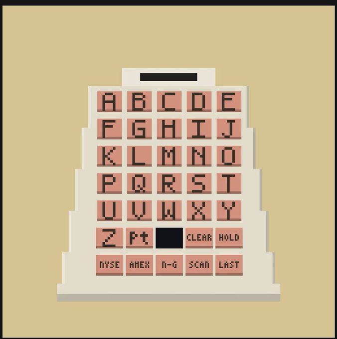 A pixel art illustration of a stock ticker keyboard with alphabet letters A-Z and function keys including CLEAR, HOLD, NYSE, AMEX, SCAN, and LAST.