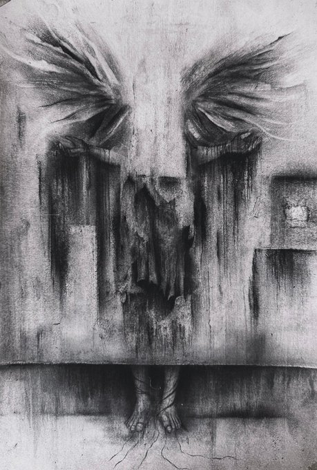 A dark, surreal charcoal-style drawing depicting a winged creature with a melting, distorted face peering over a wall, with small bare feet visible at the bottom.