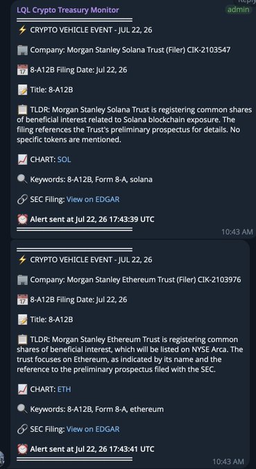 This image shows two LQL Crypto Treasury Monitor alerts for Morgan Stanley trusts filing 8-A12B forms for their Solana and Ethereum Staking ETFs. These filings signify the final step before the ETFs can be listed.