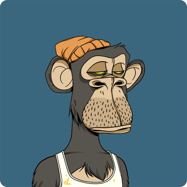 A digital illustration of a Bored Ape-style NFT character wearing an orange beanie and white tank top against a blue background.