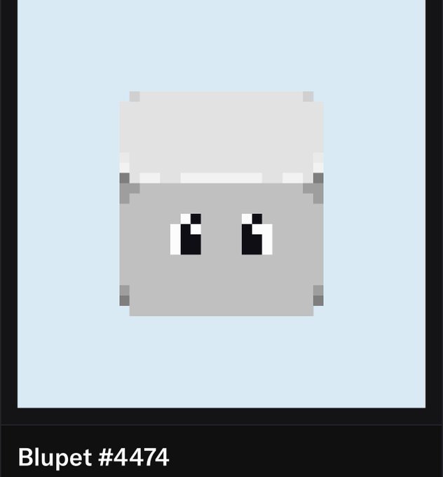 A pixel art NFT character labeled 'Blupet #4474' featuring a gray and white blocky creature with expressive eyes on a light blue background.