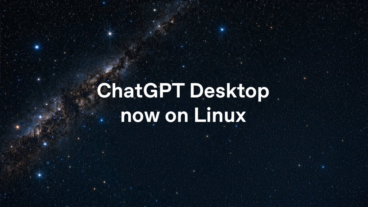 A starry night sky background displays the text "ChatGPT Desktop now on Linux" in white, announcing the long-awaited release of the native Linux desktop application for ChatGPT. The image ties into the post's excitement about Codex (OpenAI's coding agent) advancing toward feature parity with T3 Code, as Linux support is a key step in making the developer tool more accessible and competitive across platforms.