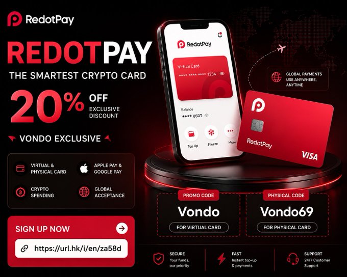 An advertisement for RedotPay crypto card offering 20% off with promo code 'Vondo' for virtual card and 'Vondo69' for physical card, featuring a red Visa card.