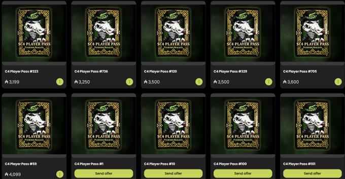 The image displays a marketplace listing of six C4 Player Pass NFTs (#323, #736, #120, #329, #705, and #59) for sale on Wayup.io, with prices ranging from 3,199 to 4,099 tokens. The listings feature ornate green and gold card designs with a hooded figure, illustrating the multiple available passes referenced in the post about UEX premium NFT sale opportunities.