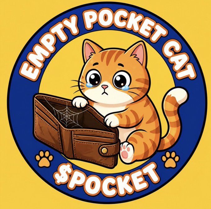 A cartoon logo shows a tearful orange tabby cat emerging from an empty wallet decorated with cobwebs, paw prints, and the text “EMPTY POCKET CAT” and “$ POCKET.” It illustrates the accompanying post’s backstory of Jamila, once a vulnerable stray kitten cared for by the @EmptyPocketCat founder who now has a family and two kittens.