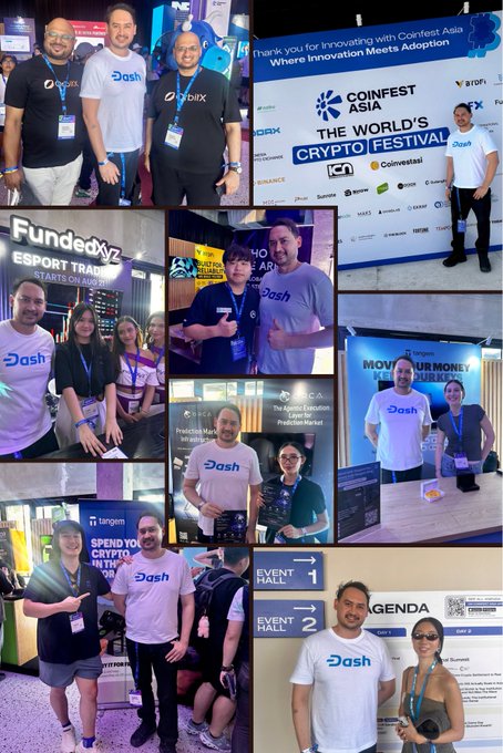 A collage of event photos showing attendees at CoinFest Asia, with several people wearing white 'Dash' branded t-shirts posing at various booths and event areas including FundedXz and Tangem.