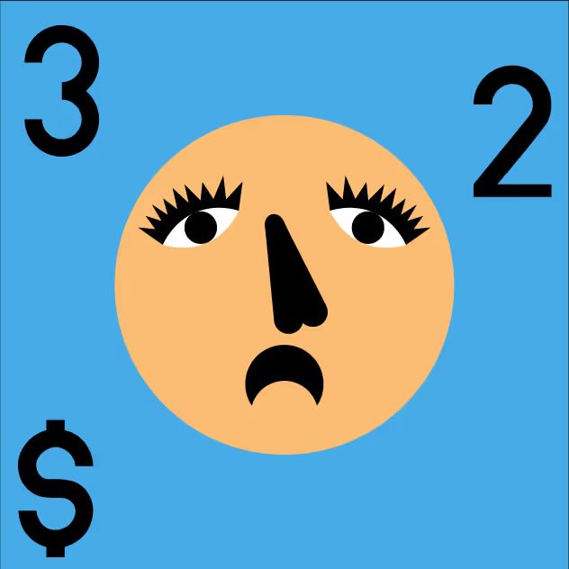 A minimalist graphic design featuring a stylized orange face with sad, heavy-lidded eyes and a downturned mouth in the center, flanked by the black numbers and symbols '3', '2', and '$' on a light blue background.