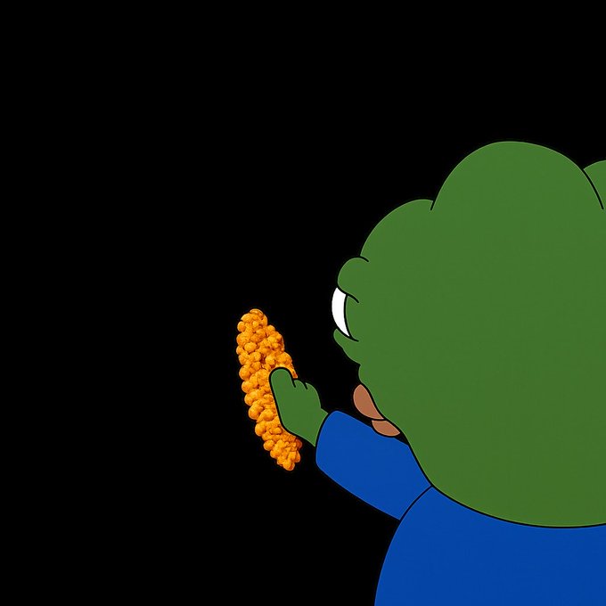 An illustration of a green, ogre-like character in a blue shirt holding and eating corn on the cob against a black background.
