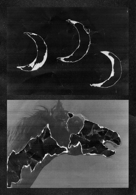 A black and white glitch-art style image featuring crescent moon shapes above a distorted, cracked hand silhouette.