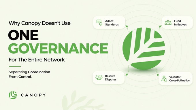 A Canopy Network graphic titled "Why Canopy Doesn't Use ONE GOVERNANCE For The Entire Network — Separating Coordination From Control," featuring the Canopy leaf logo surrounded by four functions: Adopt Standards, Fund Initiatives, Resolve Disputes, and Validator Cross-Pollination. The image visually reinforces the post's explanation that the Security Root handles coordination (like standards, funding, disputes, and validator sharing) while each Nested Chain retains sovereignty over its own governance decisions.