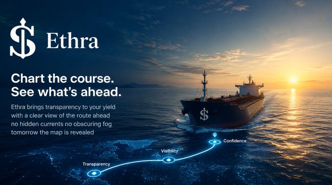 A promotional graphic for 'Ethra' featuring the tagline 'Chart the course. See what's ahead' alongside an image of a cargo ship at sunset on the ocean.