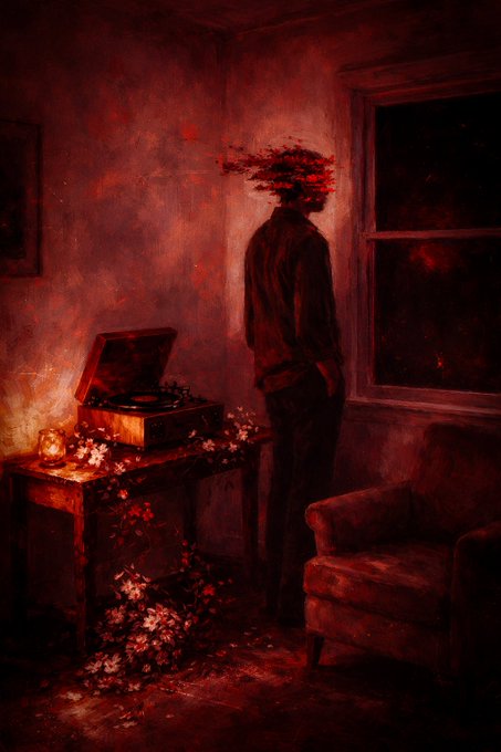 A dark, atmospheric digital painting depicting a silhouette of a figure with a red, glitch-like distortion covering their head, standing in a dimly lit room with a vintage record player and floral elements.