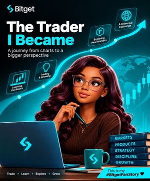 A promotional graphic titled 'The Trader I Became' by Bitget features an illustrated woman with glasses at a laptop, surrounded by icons for '2x Boost', 'Funding & Earning', 'New Markets', and 'A Universal Exchange'. Bottom text reads 'This is my #BitgetFanStory'.