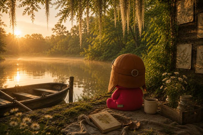 A whimsical digital artwork showing a small pink character wearing a large brown aviator hat sitting on a mossy ledge by a misty lake at sunset, with a wooden boat, a book, a coffee mug, and hanging Spanish moss framing the scene.