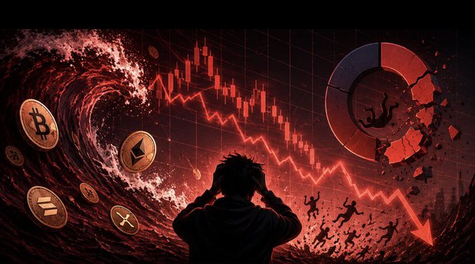 A digital illustration depicting a cryptocurrency market crash with falling coins, a declining red chart, and a distressed figure in the foreground.