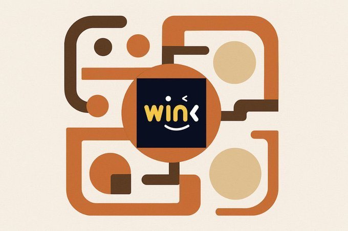 A geometric graphic design in orange and brown tones featuring a central square with the word 'wink' and a smiling face logo surrounded by abstract shapes.