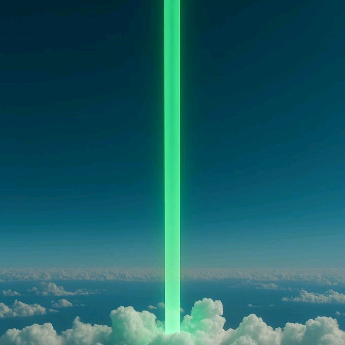 A glowing green laser beam shoots vertically through clouds into a deep blue sky, symbolizing a sudden and dramatic upward price surge. This visual metaphor aligns with the post speculating which crypto project—specifically LUNC—will rocket to a new all-time high next.
