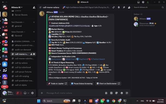 A Discord screenshot shows the "Athena AI" bot posting a "100% CONFIDENCE" Solana DEX signal call for the meme token "$claudius" at a $100K market cap, with metrics including Dexscreener, GMGN Chart, and Birdeye links. The call notes AI thesis points such as "Solana close/burn +20," "Smart money 20 wallet +15," and "CTO Flag GMGN +140," aligning with the user's post about receiving an early call on Claudius at 200K MCAP after the agent detected smart wallet activity.