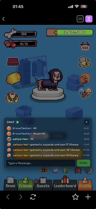 A mobile game screenshot titled 'Pixel Pet' shows a pixelated monkey character with a chat box displaying greetings from players like 'GraveTester' and 'ashparker'.