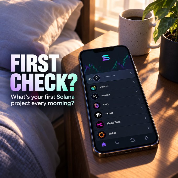 A Solana-themed social media post asking 'FIRST CHECK? What's your first Solana project every morning?' with a phone displaying Jupiter, Kamino, Drift, Tensor, Magic Eden, and Helius apps.