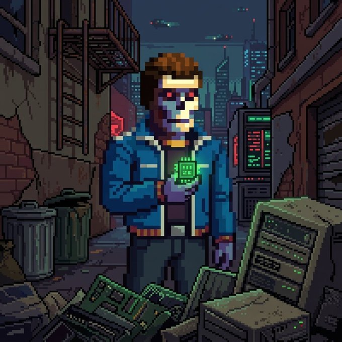 Pixel art scene of a person in a blue jacket holding a glowing green device in a dark alleyway, surrounded by old computer monitors and trash, with futuristic city buildings in the background.