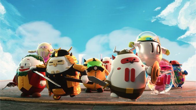 A lineup of cute, round mascot figures dressed as warriors and fantasy characters stands on a brick road under a bright blue sky with scattered clouds, appearing to be a 3D animated scene.