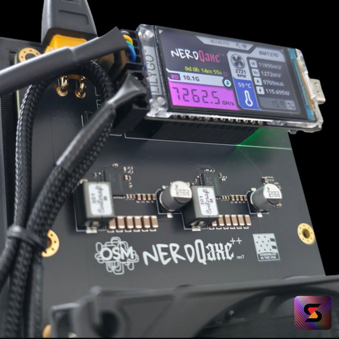 The image shows a NerQaxe++ board with a Raspberry Pi attached, displaying its current status. The board has a black background and features a pink and purple screen that displays information about the device's performance. The text "NerdQaxe++" is visible on the board, indicating it is a product of Solo Satoshi.