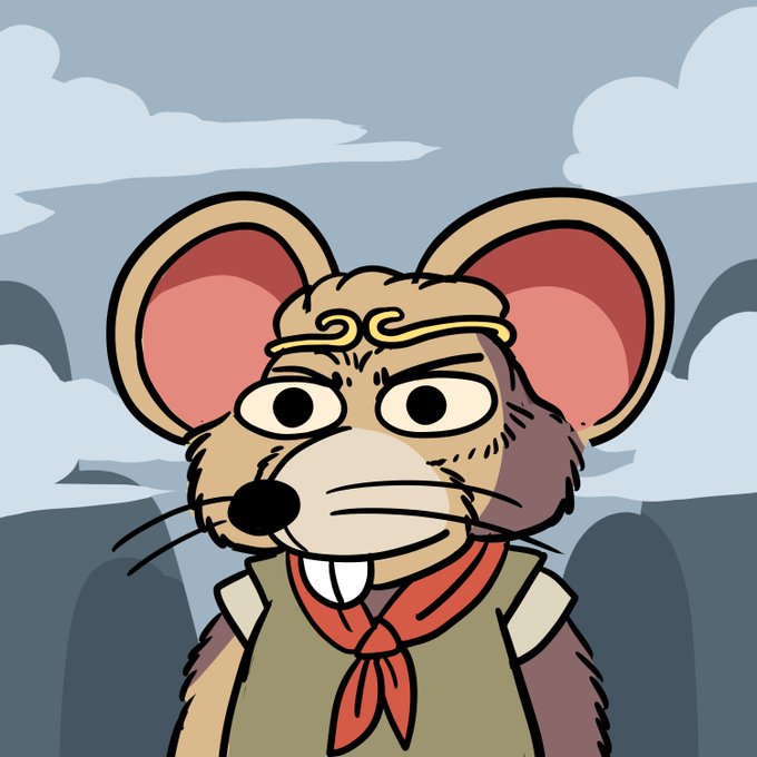 A cartoon mouse mascot with big ears, a headband, and a red neckerchief stands against a cloudy sky backdrop. The determined-looking character ties into the post's teaser for an upcoming event with @thecheez_nft, likely referencing the project's launch or milestone.